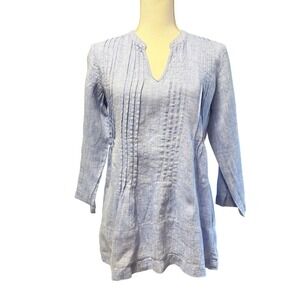 Saint Tropez West Woman Blue 100% Linen Pleated V Neck 3/4 Sleeve Tunic Top sz S